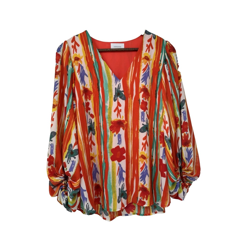Adrienne Womens V-Neck Balloon Sleeve Abstract Floral Stripe Blouse Red Multi
